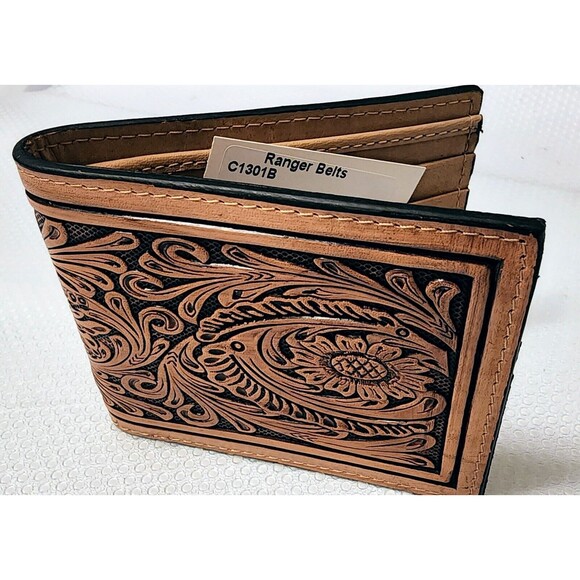 Mens Tan Leather Bi-fold Wallet Floral Tooled by Ranger Belt Company C1301B - Picture 3 of 9